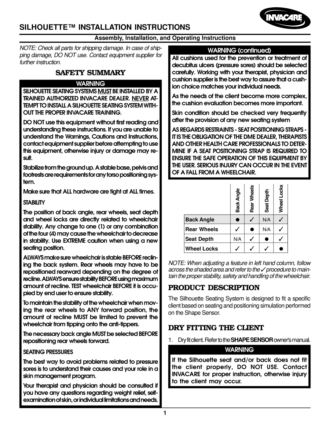 Invacare 3002937 installation instructions Safety Summary, Product Description, DRY Fitting the Client 