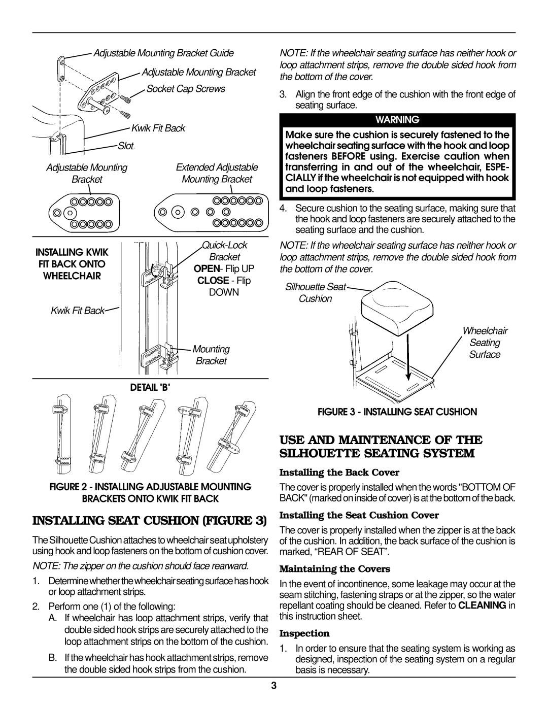 Invacare 3002937 Installing Seat Cushion Figure, USE and Maintenance of the Silhouette Seating System 
