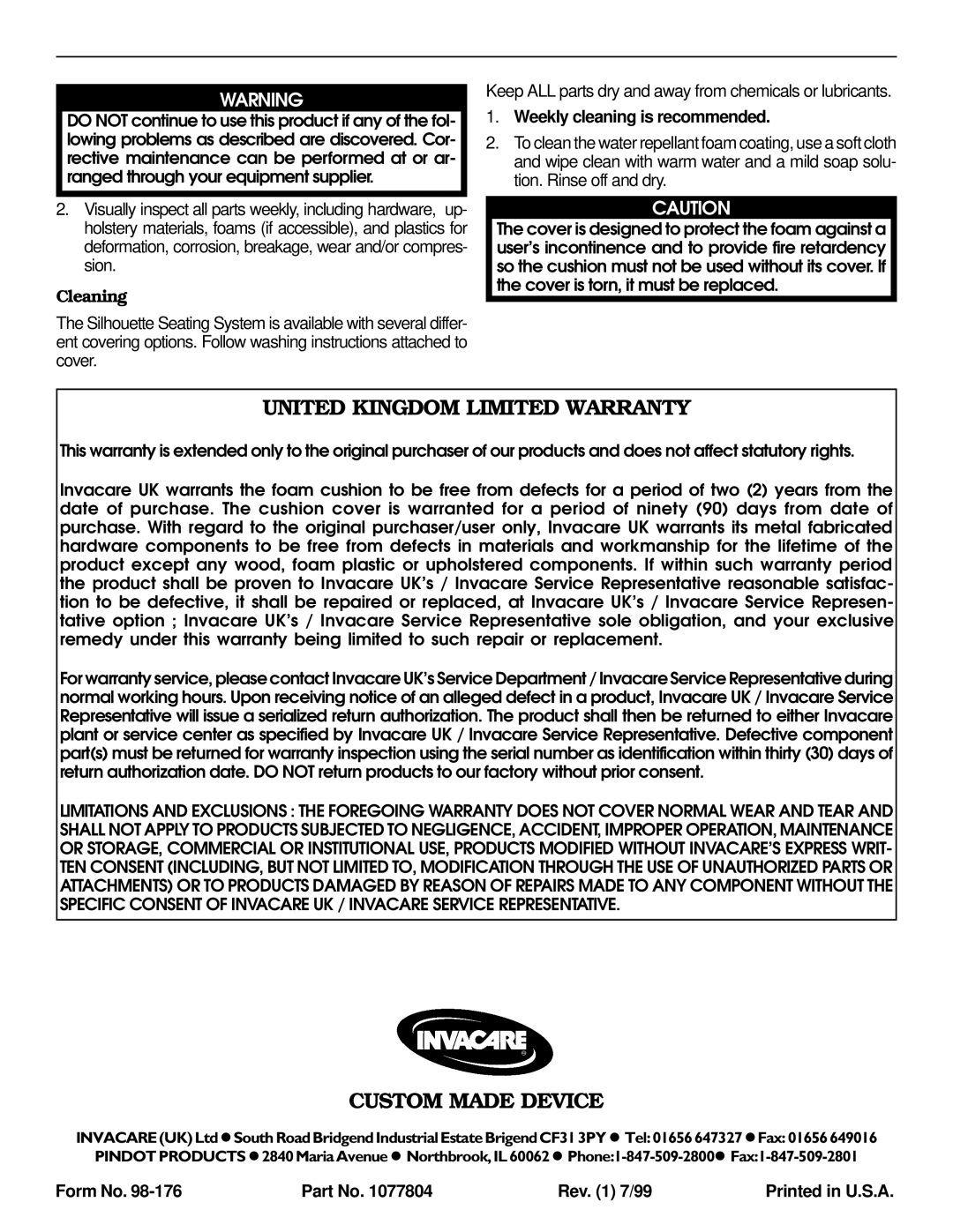 Invacare 3002937 installation instructions United Kingdom Limited Warranty, Custom Made Device, Cleaning 