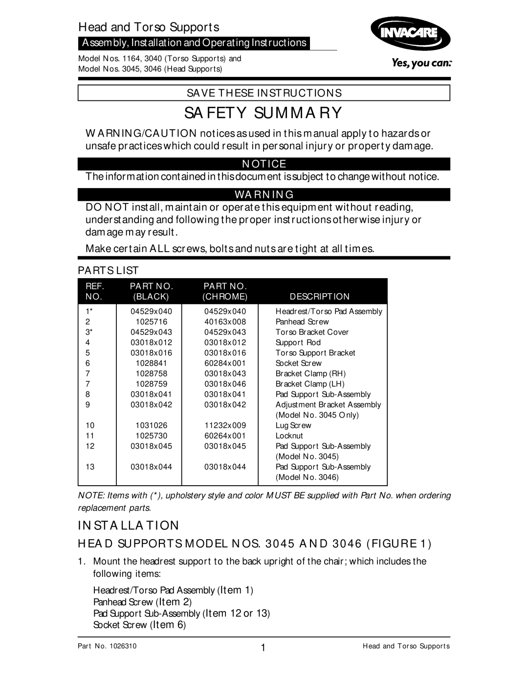 Invacare 3045, 3040, 1164 operating instructions Head Supports Model NOS and 3046 Figure, Parts List 