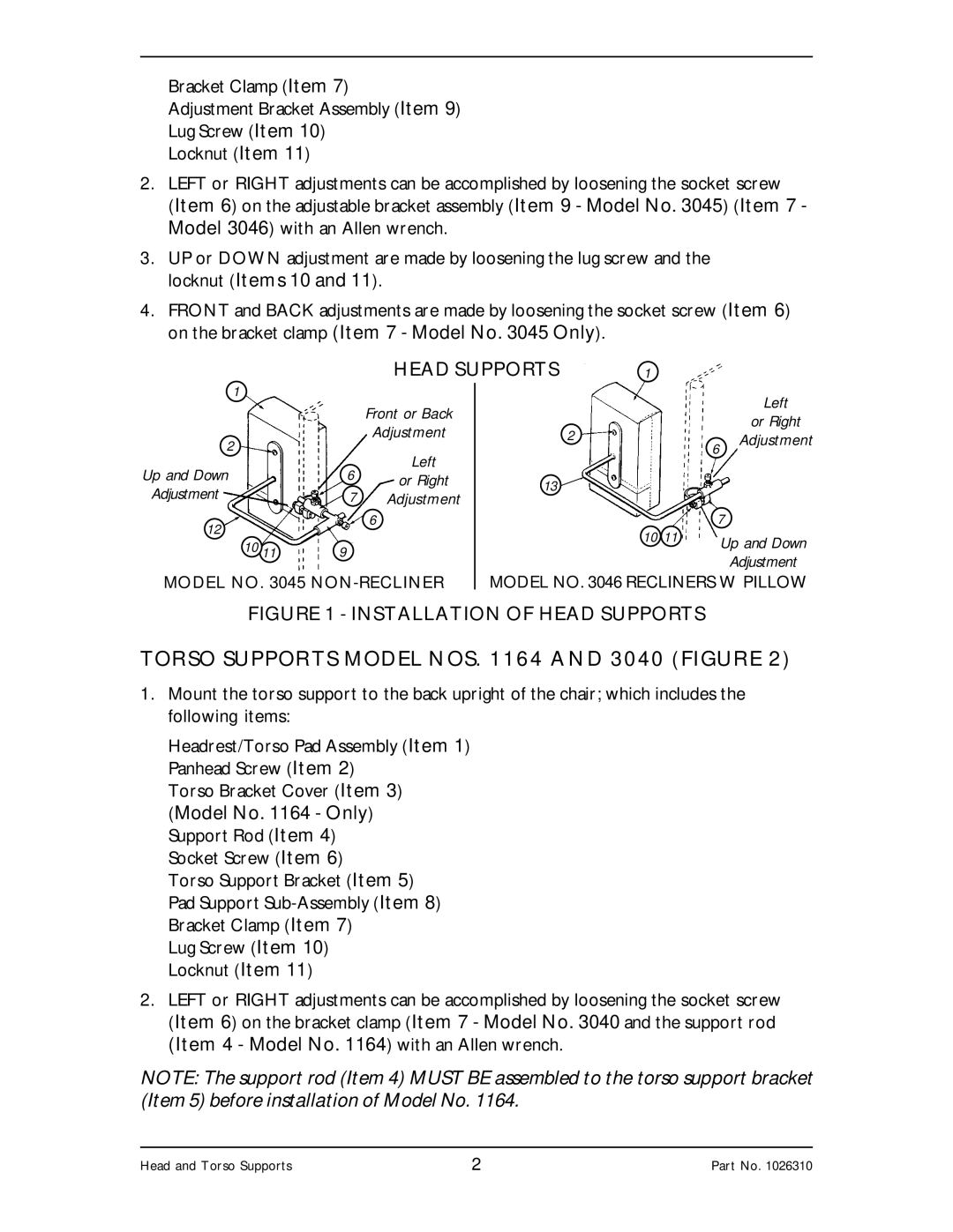 Invacare 3046, 3045, 1164 operating instructions Torso Supports Model NOS and 3040 Figure, Head Supports 