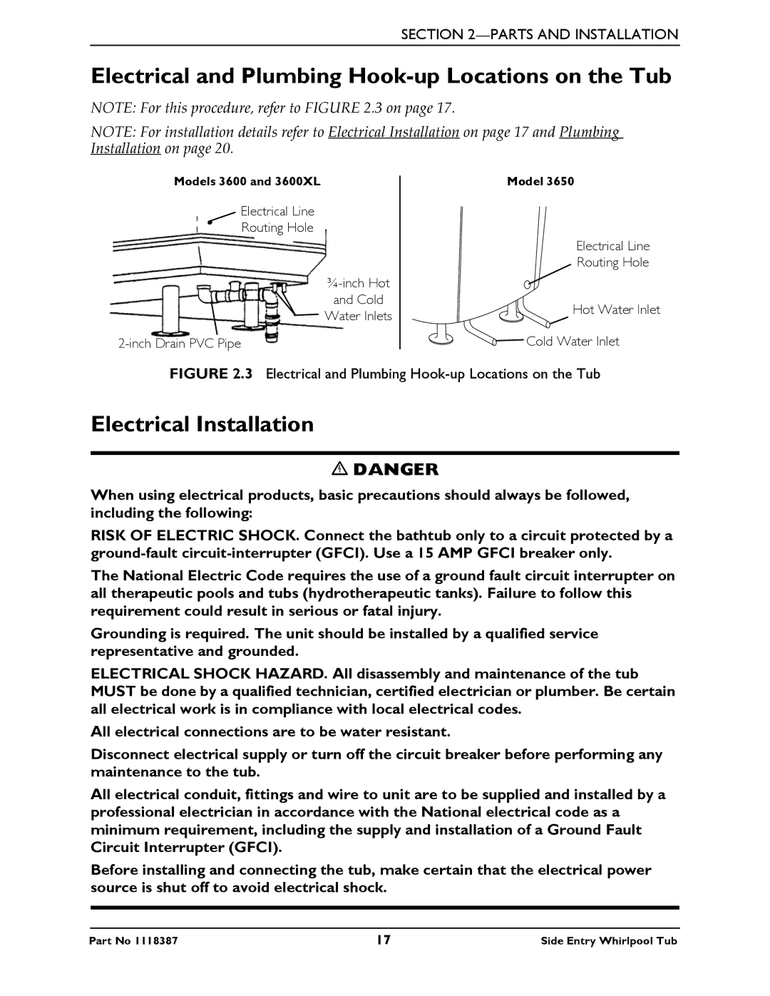 Invacare 3600XL, 3650 manual Electrical and Plumbing Hook-up Locations on the Tub, Electrical Installation 