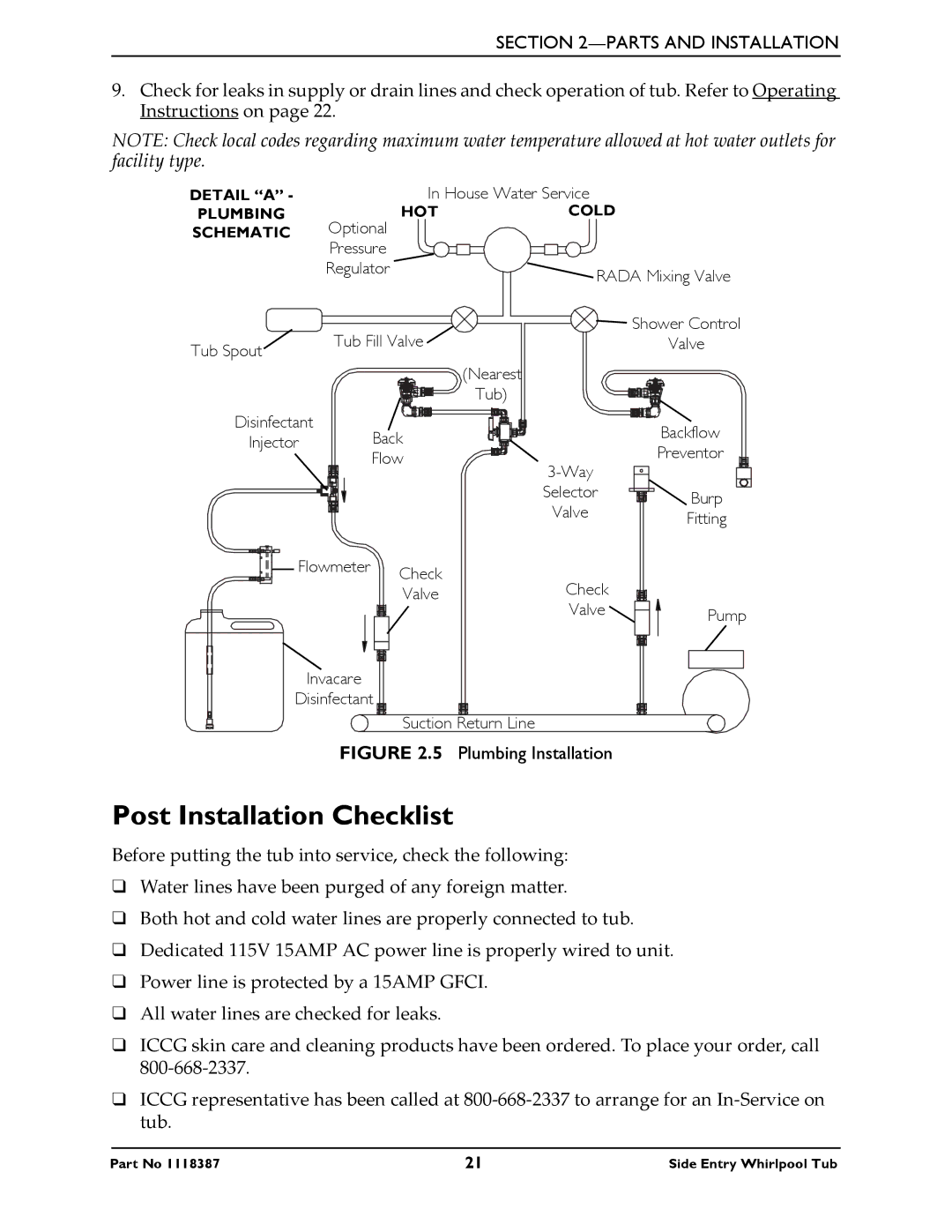 Invacare 3650, 3600XL manual Post Installation Checklist, Plumbing Installation 