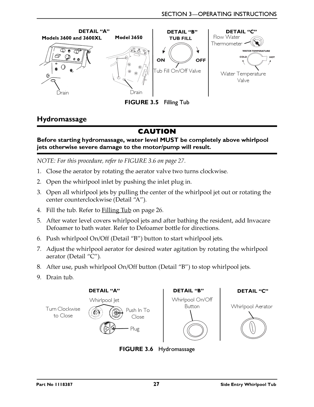 Invacare 3650, 3600XL manual Hydromassage, Filling Tub 
