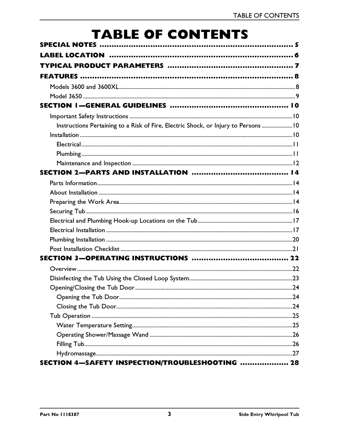 Invacare 3650, 3600XL manual Table of Contents 