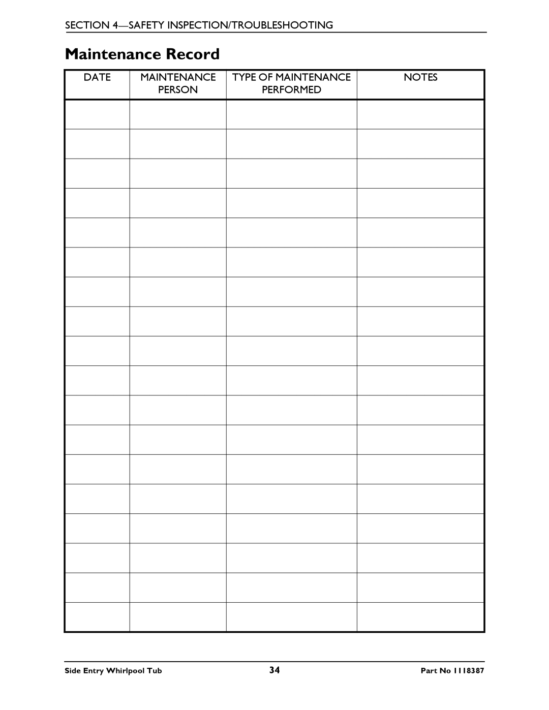 Invacare 3650, 3600XL manual Maintenance Record 