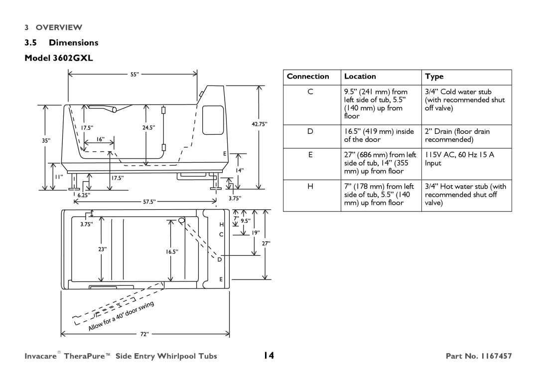 Invacare user manual Dimensions Model 3602GXL, Connection Location Type 