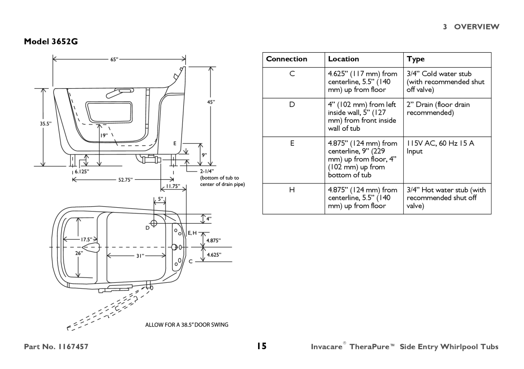 Invacare 3602GXL user manual Centerline, 9 Input Mm up from floor Bottom of tub 