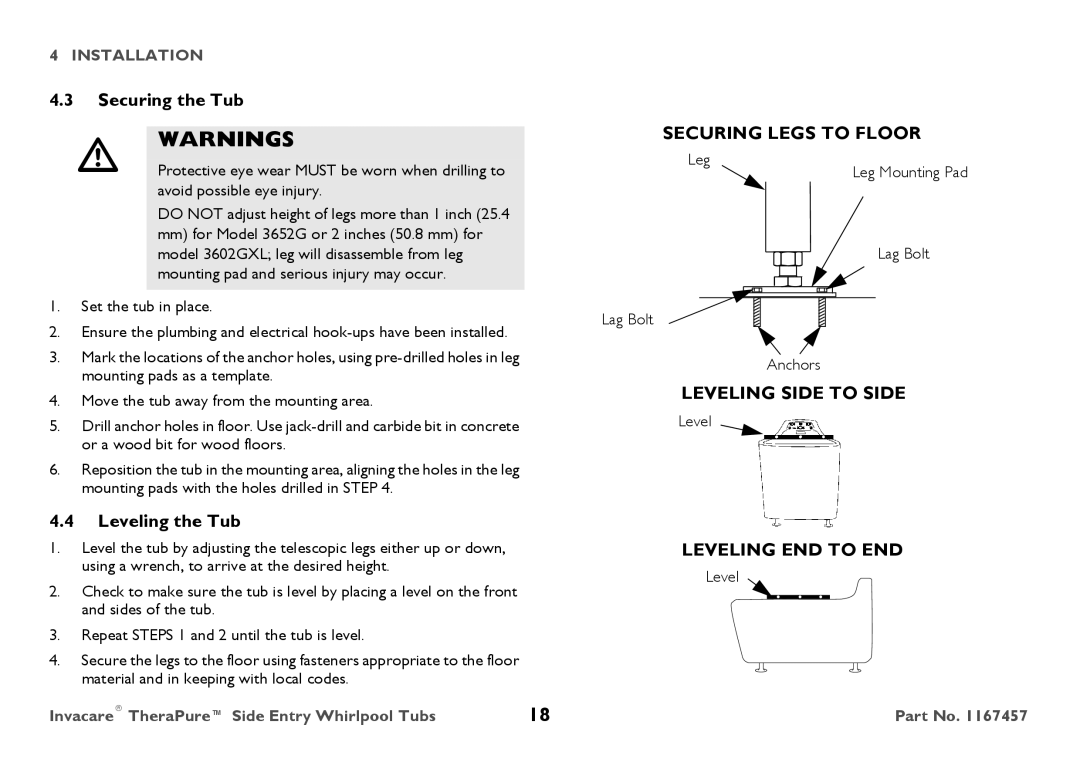 Invacare 3602GXL user manual Securing the Tub, Leveling the Tub 