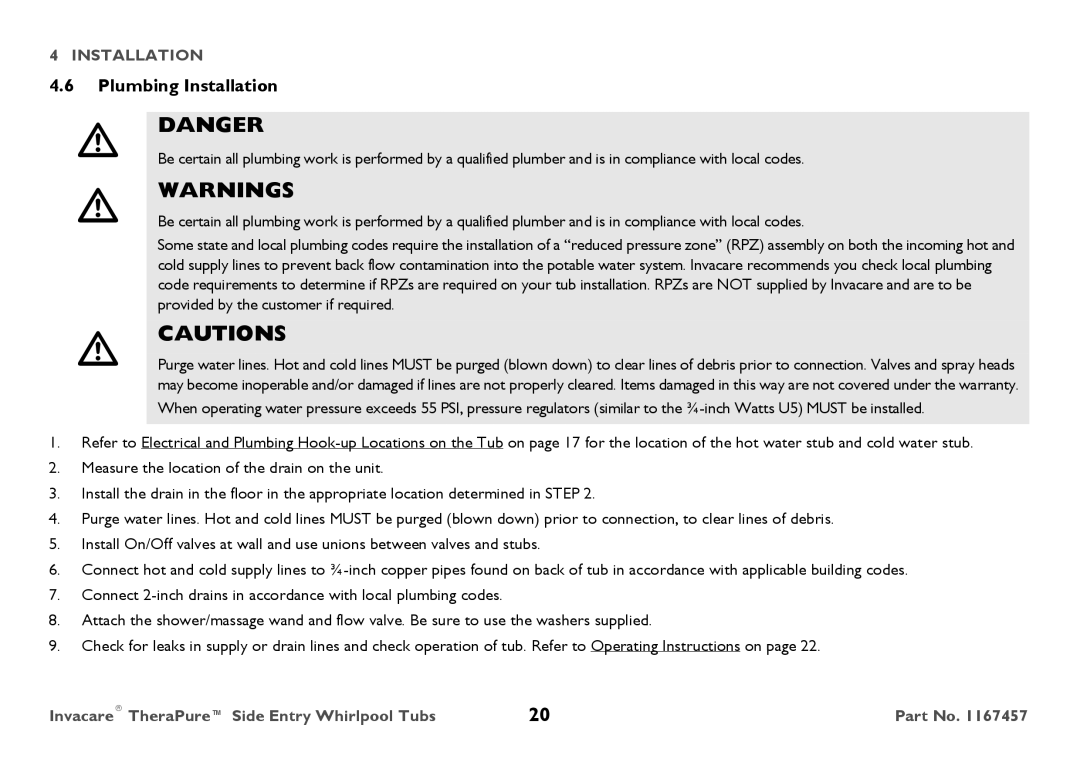 Invacare 3602GXL user manual Plumbing Installation 