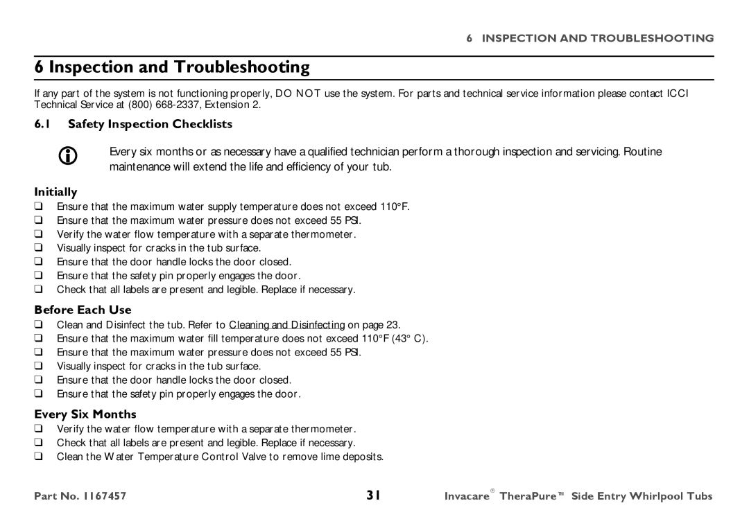 Invacare 3602GXL user manual Inspection and Troubleshooting, Safety Inspection Checklists, Initially, Before Each Use 