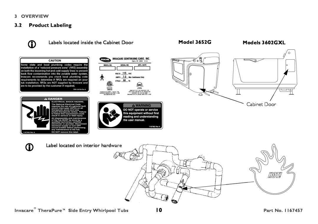 Invacare user manual Product Labeling, Labels located inside the Cabinet Door, Model 3652G, Models 3602GXL, Overview 