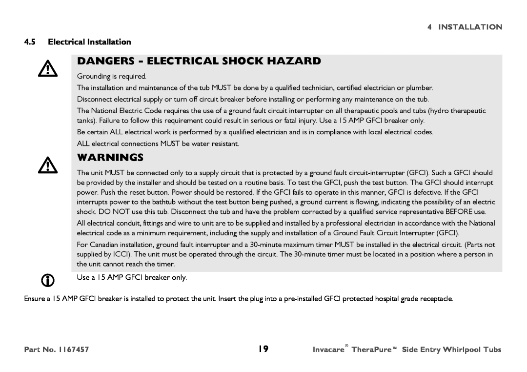 Invacare 3602GXL user manual Electrical Installation, Dangers - Electrical Shock Hazard, Warnings 