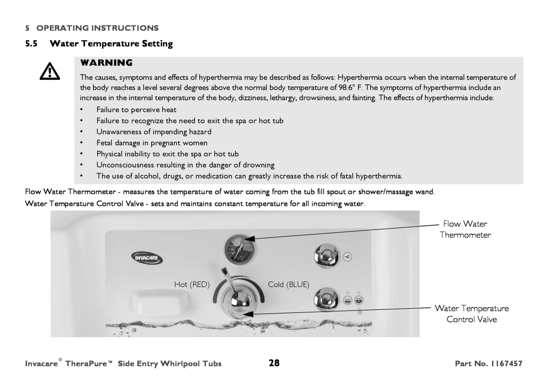 Invacare 3602GXL user manual Water Temperature Setting, Flow Water Thermometer, Water Temperature Control Valve 