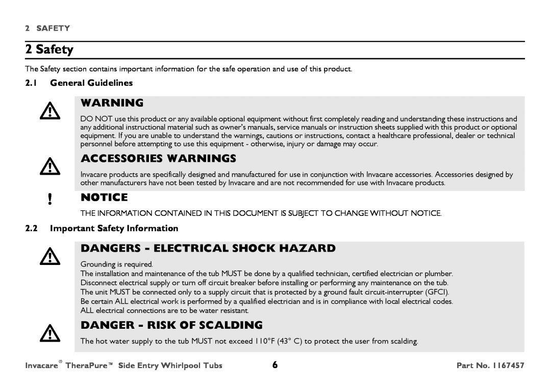 Invacare 3602GXL user manual Safety, Accessories Warnings, Dangers - Electrical Shock Hazard, Danger - Risk Of Scalding 