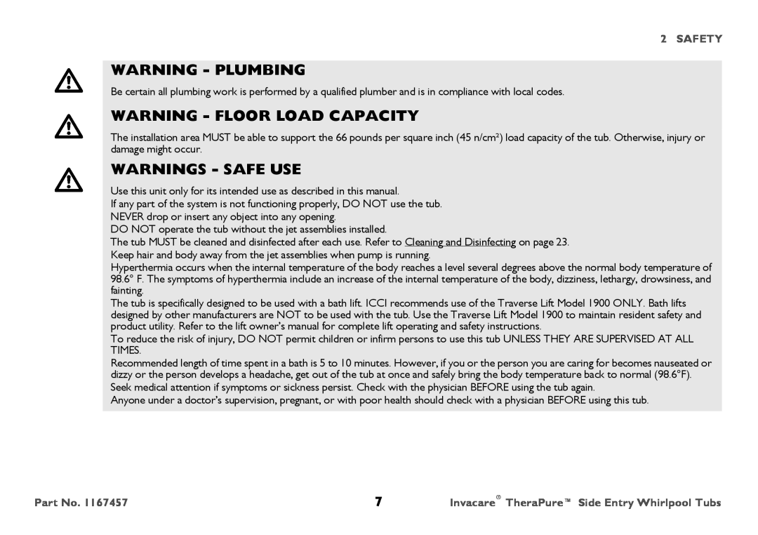 Invacare 3602GXL user manual Warning - Plumbing, Warning - Floor Load Capacity, Warnings - Safe Use, Safety 