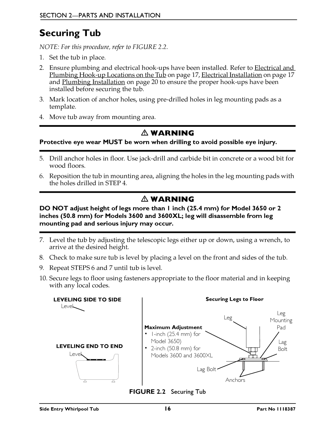 Invacare 3650 manual Securing Tub 