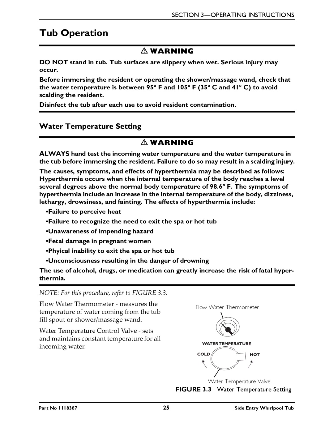 Invacare 3650 manual Tub Operation, Water Temperature Setting 