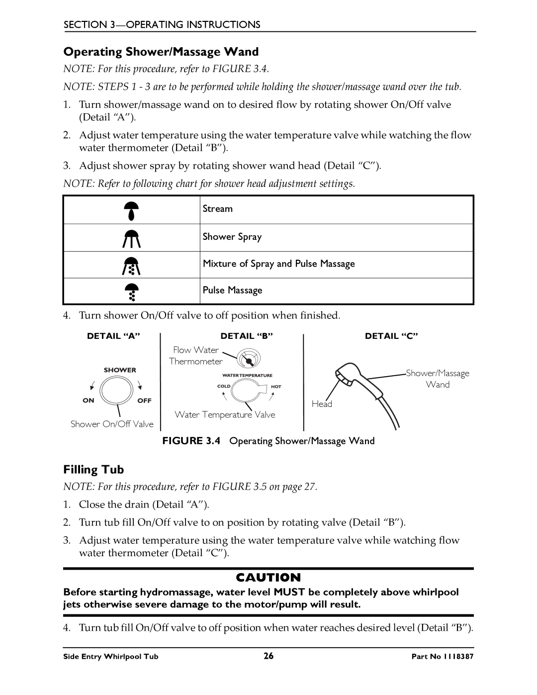 Invacare 3650 manual Operating Shower/Massage Wand, Filling Tub 