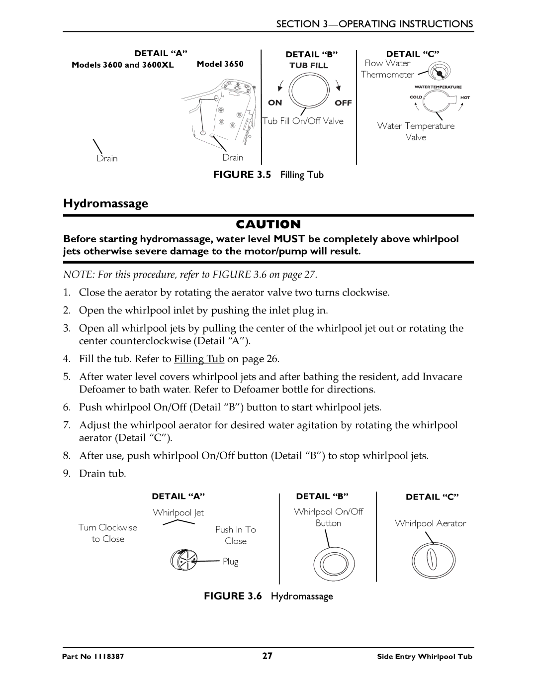 Invacare 3650 manual Hydromassage, Filling Tub 