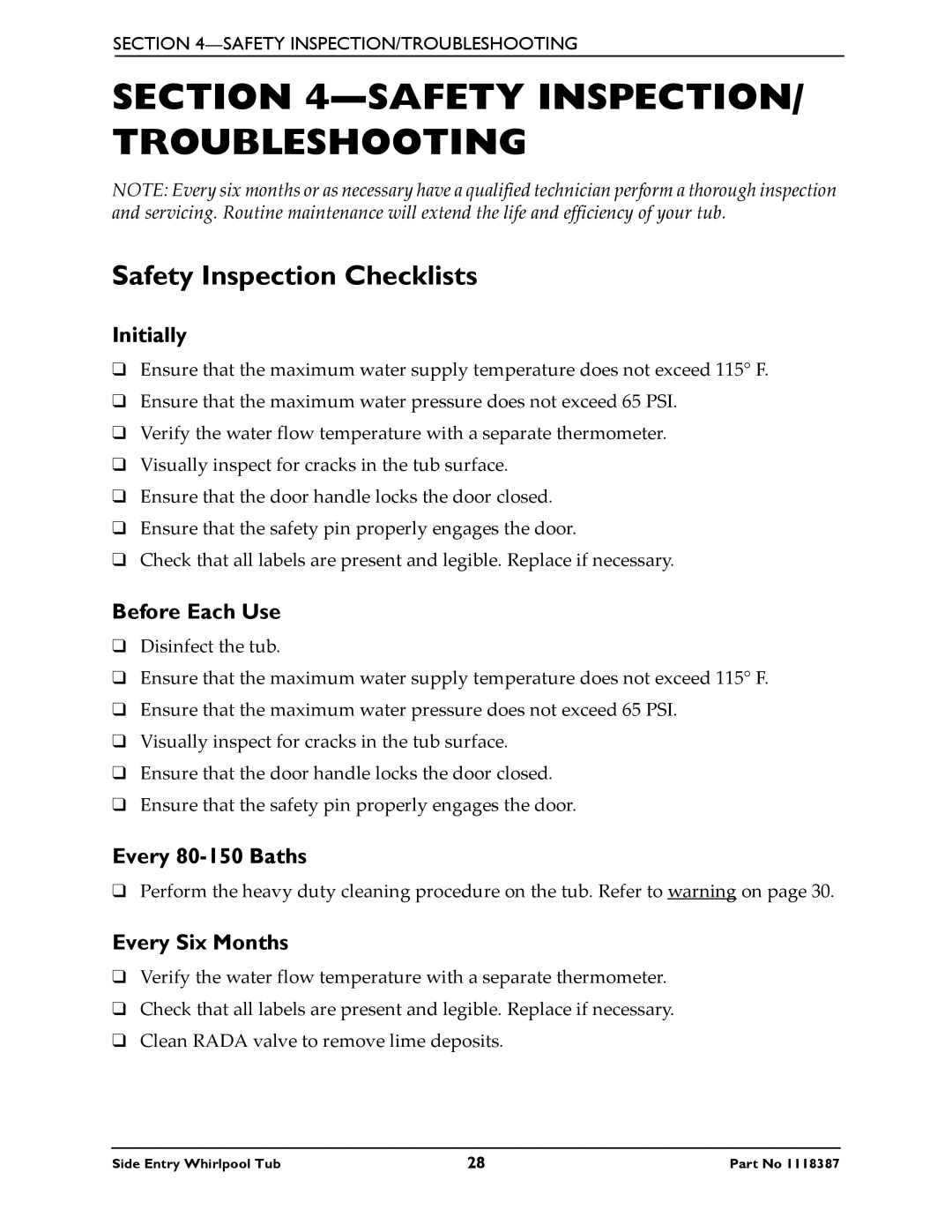 Invacare 3650 manual Safety INSPECTION/ Troubleshooting, Safety Inspection Checklists 