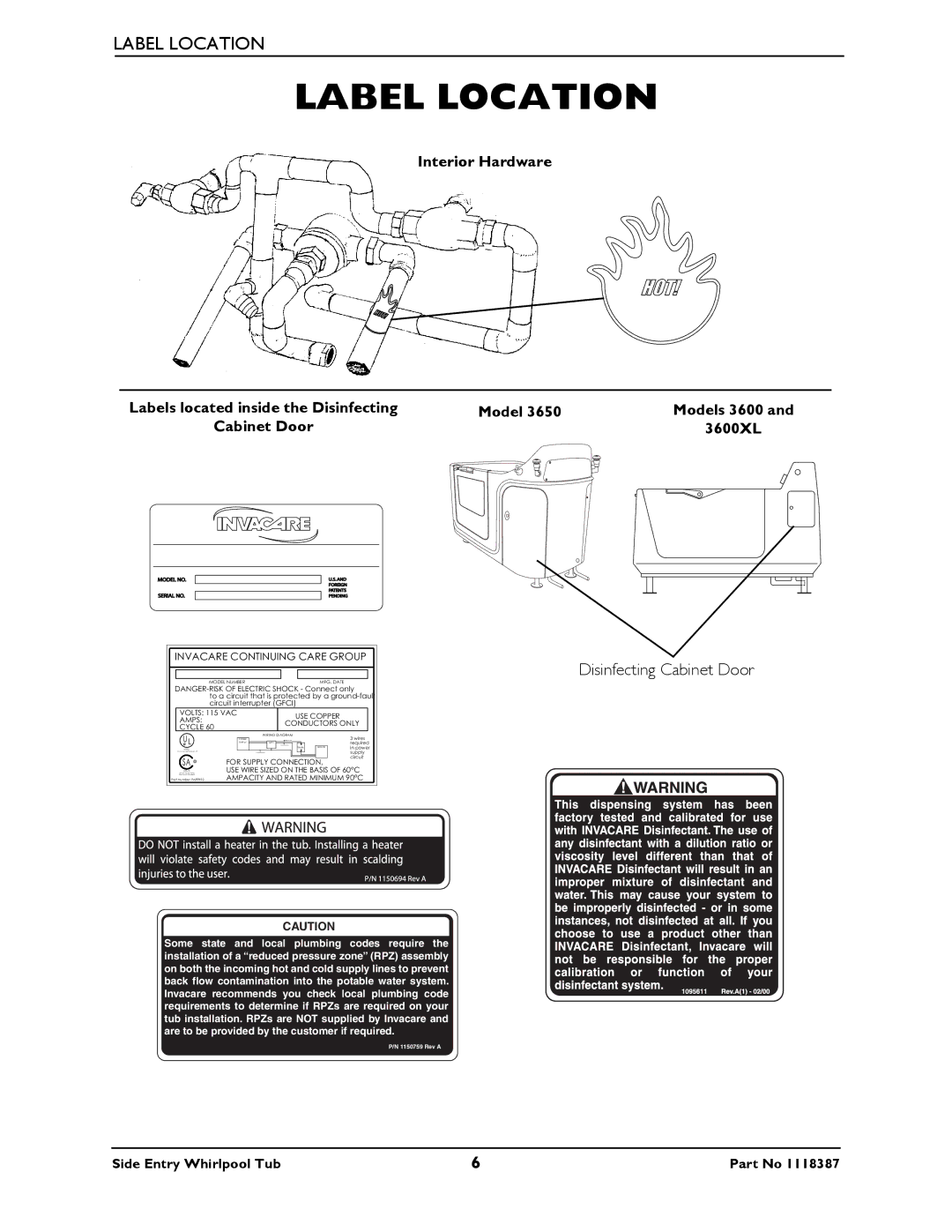 Invacare 3650 manual Label Location, Cabinet Door 3600XL 