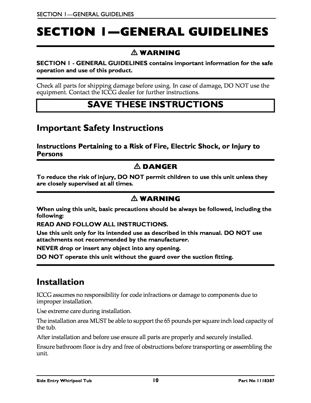 Invacare 3650 manual General Guidelines, SAVE THESE INSTRUCTIONS Important Safety Instructions, Installation, Danger 