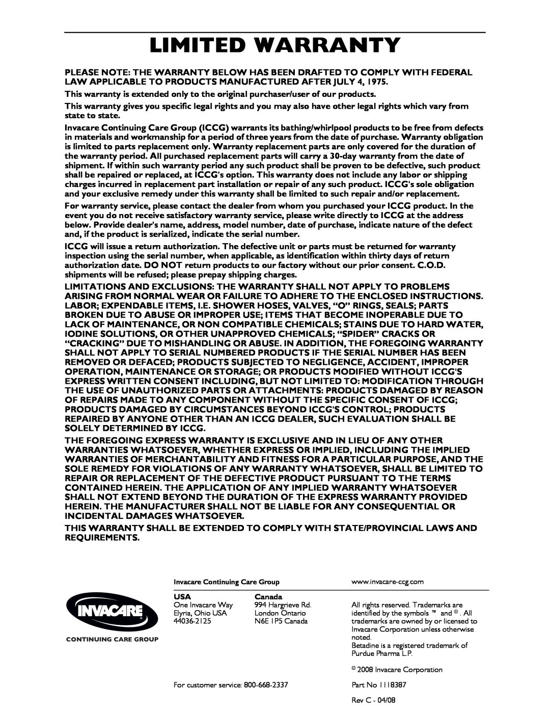 Invacare 3650 manual Limited Warranty, Canada 