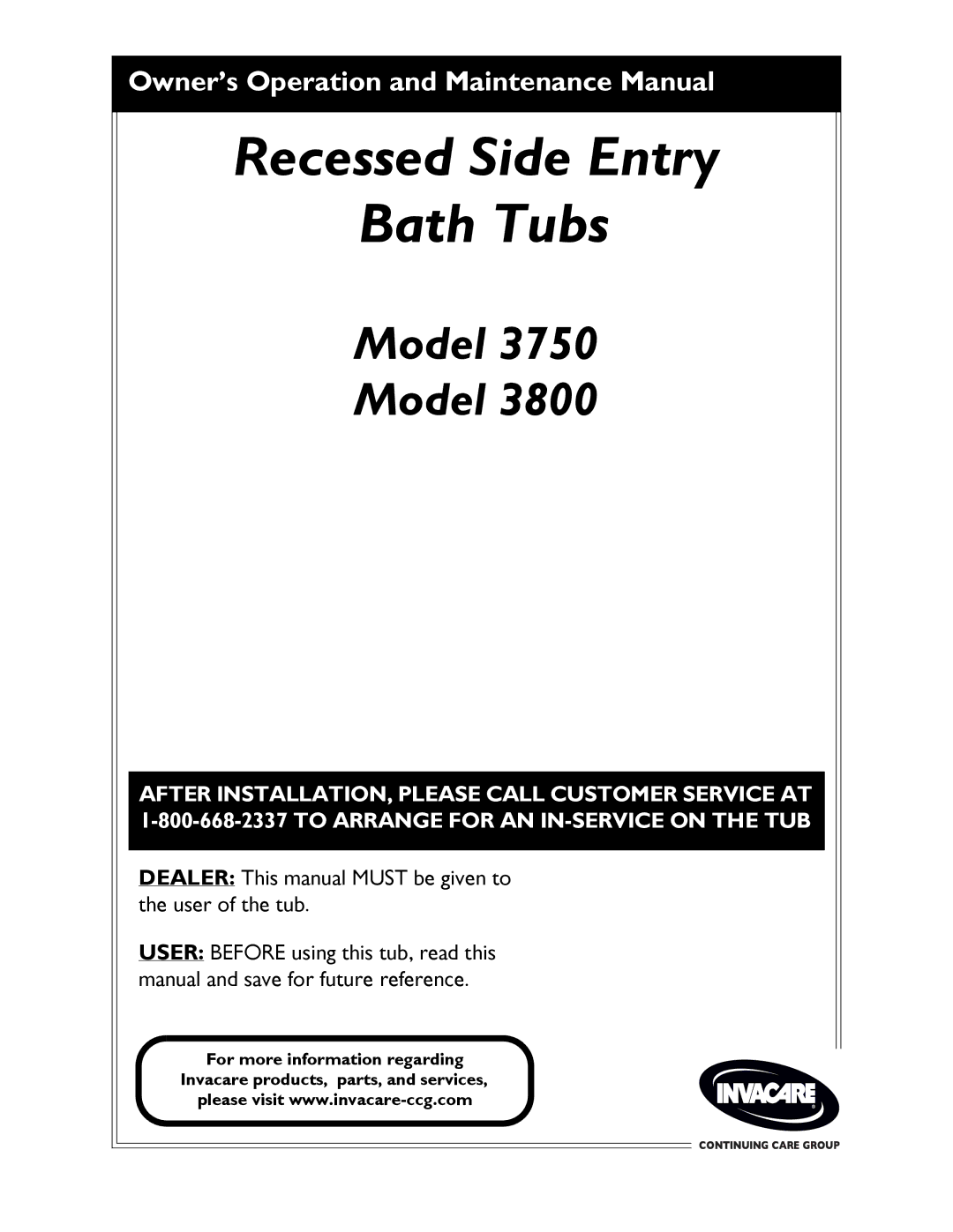 Invacare 3750, 3800 manual Recessed Side Entry Bath Tubs 