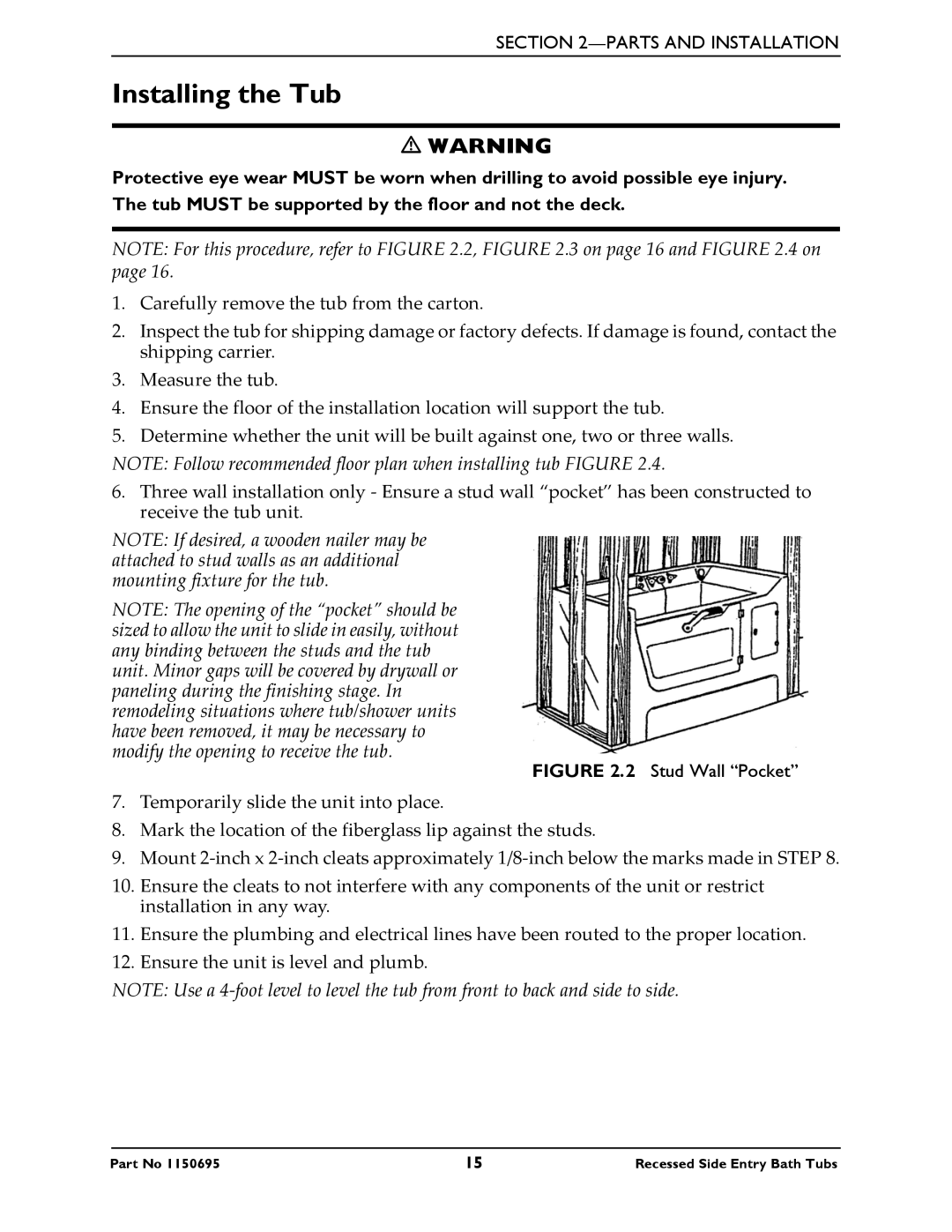 Invacare 3750, 3800 manual Installing the Tub, Stud Wall Pocket 