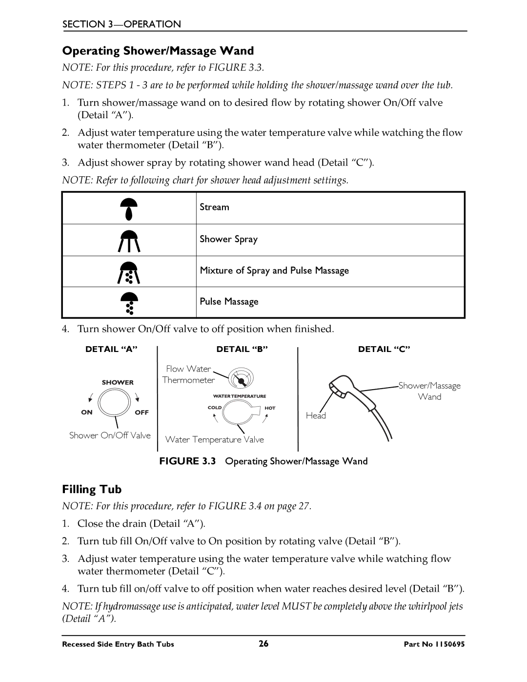 Invacare 3800, 3750 manual Operating Shower/Massage Wand, Filling Tub 
