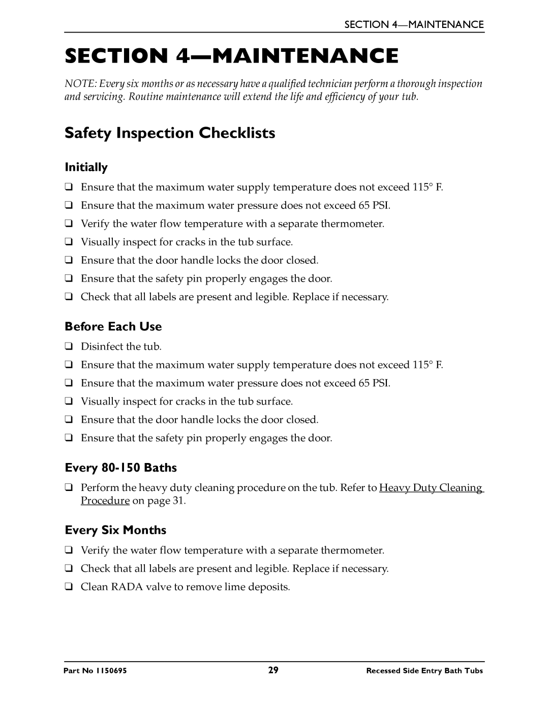 Invacare 3750, 3800 manual Maintenance, Safety Inspection Checklists 