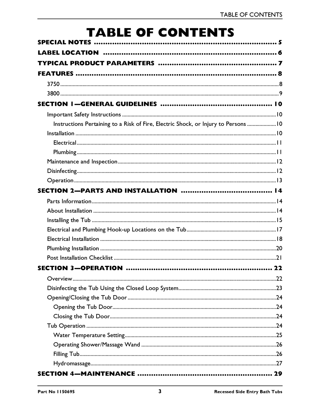 Invacare 3750, 3800 manual Table of Contents 