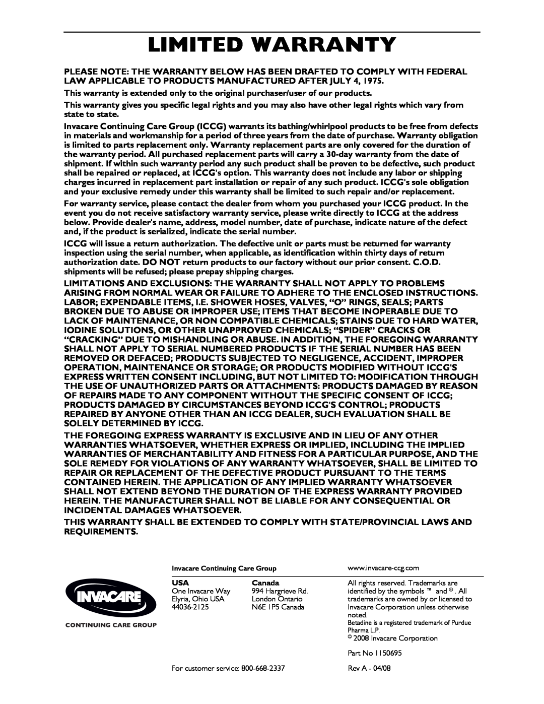 Invacare 3800, 3750 manual Limited Warranty, Canada 