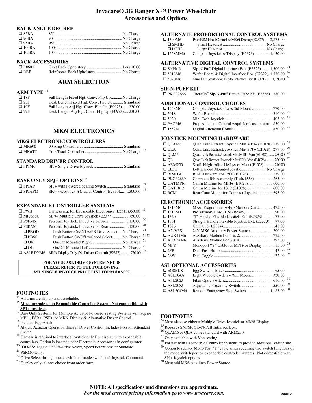 Invacare 3G Ranger X specifications ARM Selection 