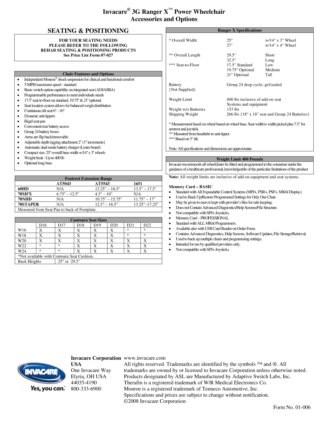 Invacare 3G Ranger X specifications Seating & Positioning, Usa, 70MFX 70NHD, 70STAPER 