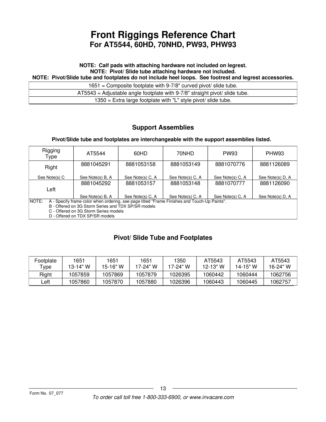 Invacare 3G Storm Series manual Front Riggings Reference Chart, For AT5544, 60HD, 70NHD, PW93, PHW93 