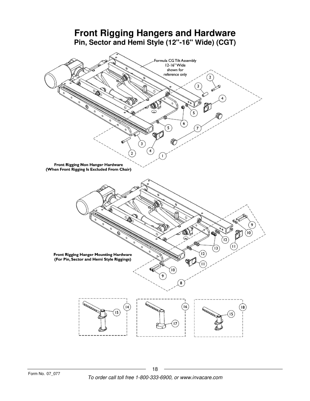 Invacare 3G Storm Series manual Front Rigging Hangers and Hardware, Pin, Sector and Hemi Style 12-16 Wide CGT 