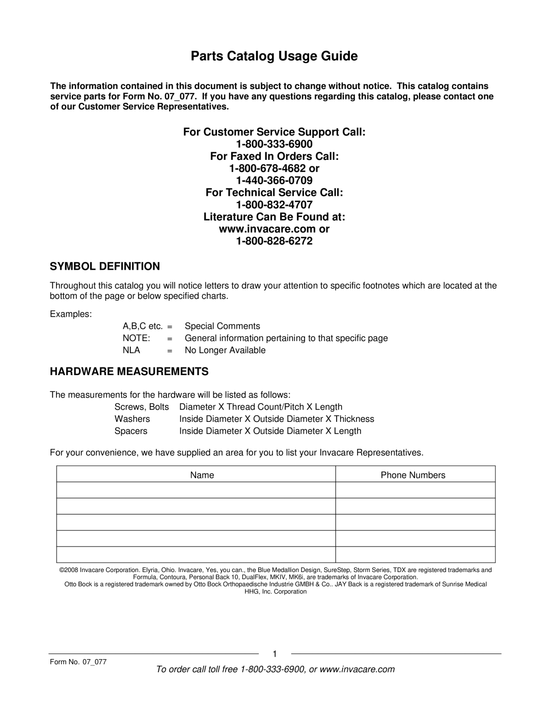 Invacare 3G Storm Series manual Parts Catalog Usage Guide, Symbol Definition 