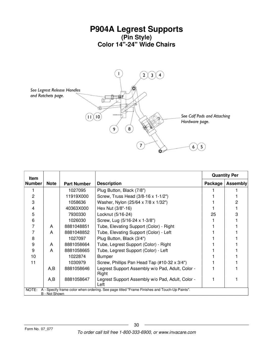 Invacare 3G Storm Series manual P904A Legrest Supports, Pin Style Color 14-24 Wide Chairs 
