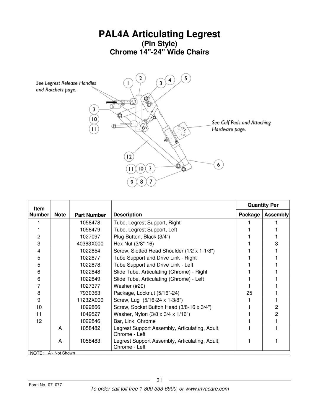 Invacare 3G Storm Series manual PAL4A Articulating Legrest, Pin Style Chrome 14-24 Wide Chairs 