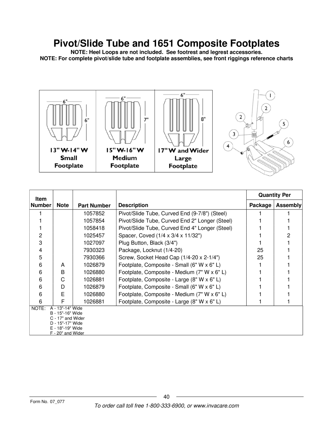 Invacare 3G Storm Series manual Pivot/Slide Tube and 1651 Composite Footplates 