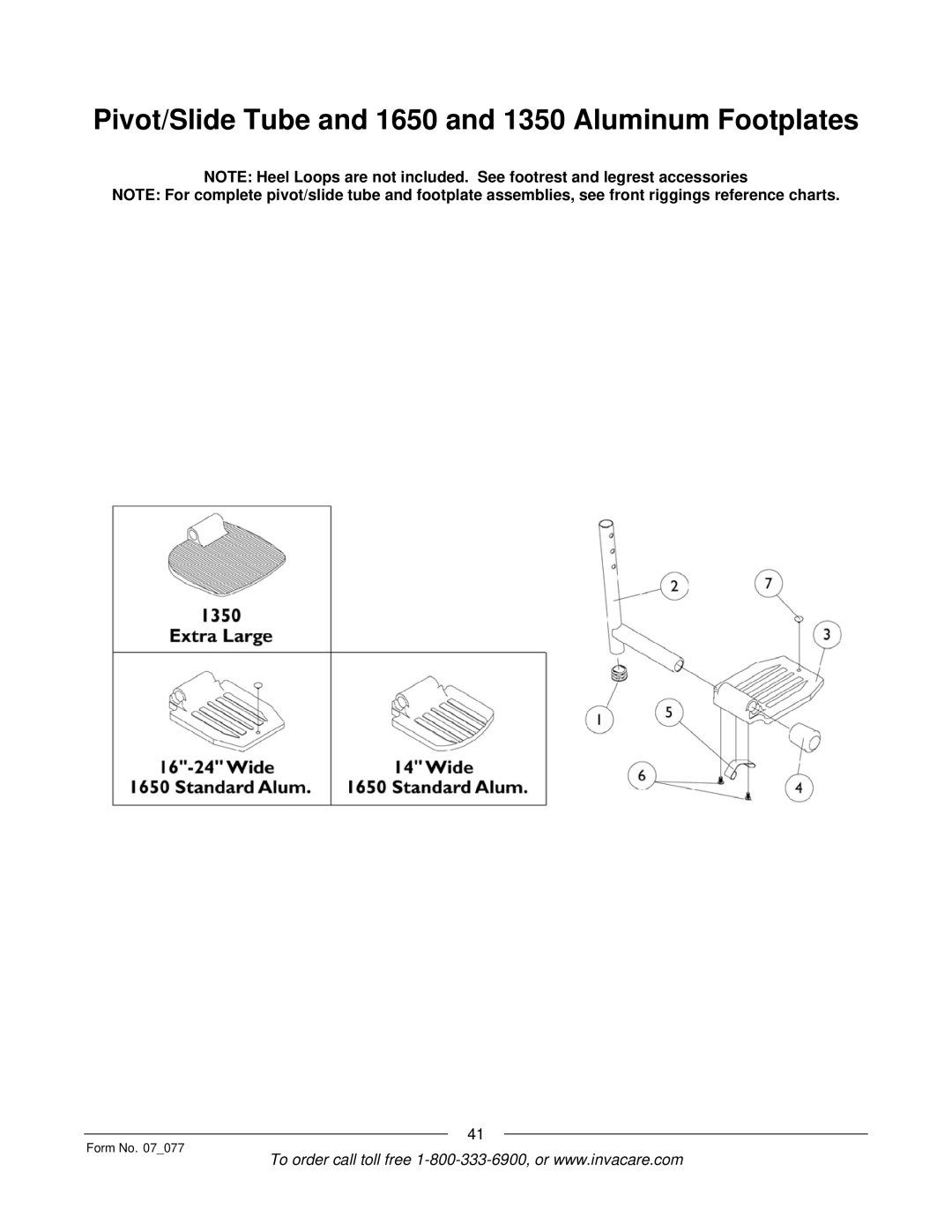 Invacare 3G Storm Series manual Pivot/Slide Tube and 1650 and 1350 Aluminum Footplates 