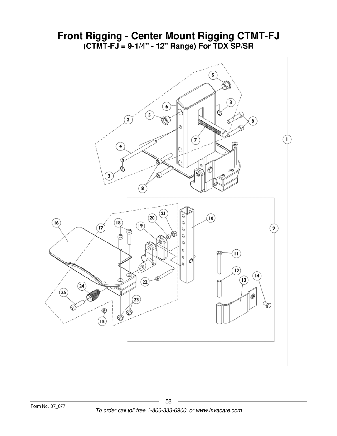 Invacare 3G Storm Series manual Front Rigging Center Mount Rigging CTMT-FJ, CTMT-FJ = 9-1/4 12 Range For TDX SP/SR 