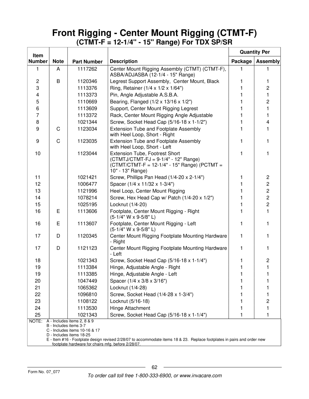 Invacare 3G Storm Series manual Quantity Per Number Part Number Description Package Assembly 