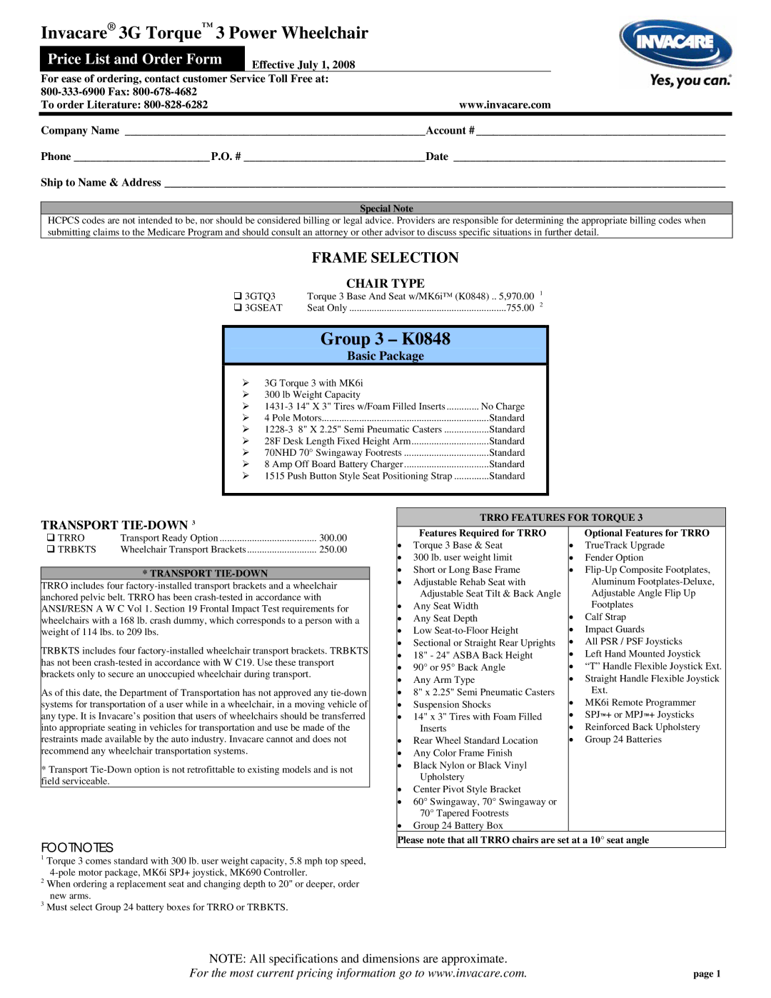 Invacare 3G Torque specifications Frame Selection, Chair Type, Transport TIE-DOWN, Trro Features for Torque 