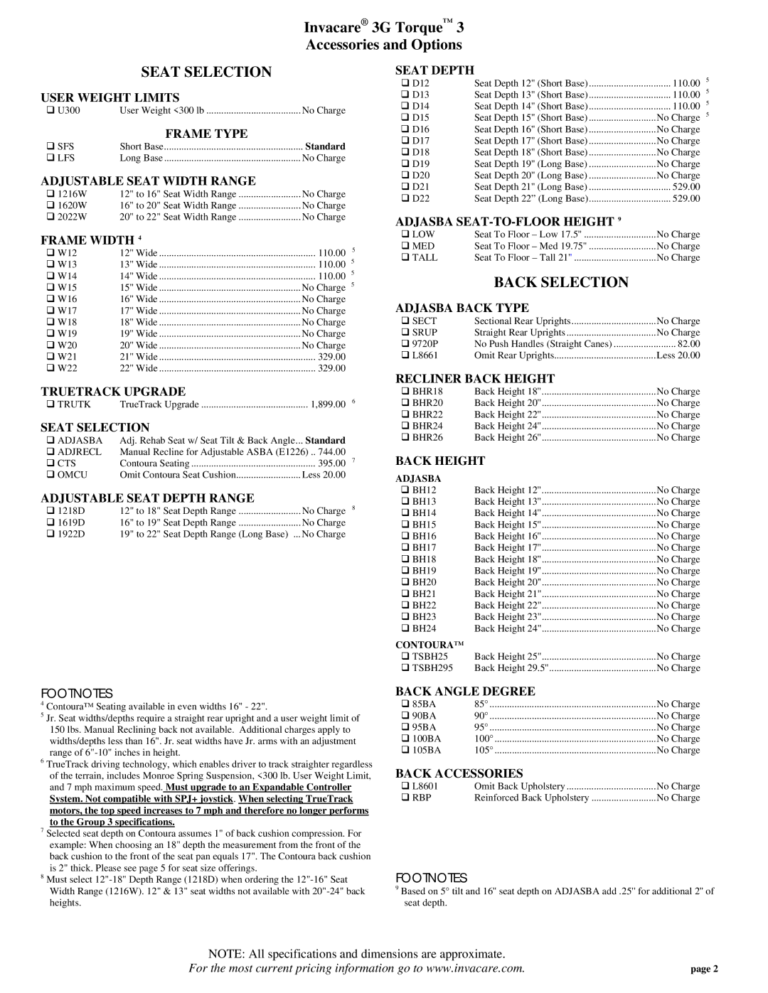 Invacare 3G Torque specifications Seat Selection, Back Selection 