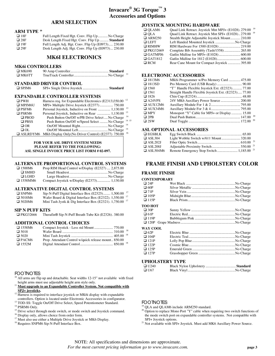 Invacare 3G Torque specifications ARM Selection, MK6I Electronics, Frame Finish and Upholstery Color 