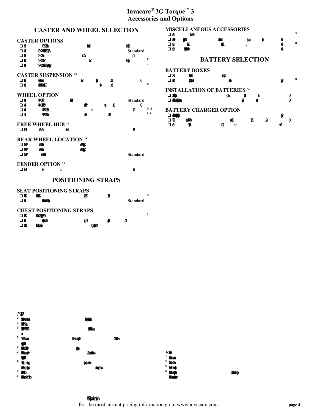 Invacare 3G Torque specifications Caster and Wheel Selection, Battery Selection, Positioning Straps 