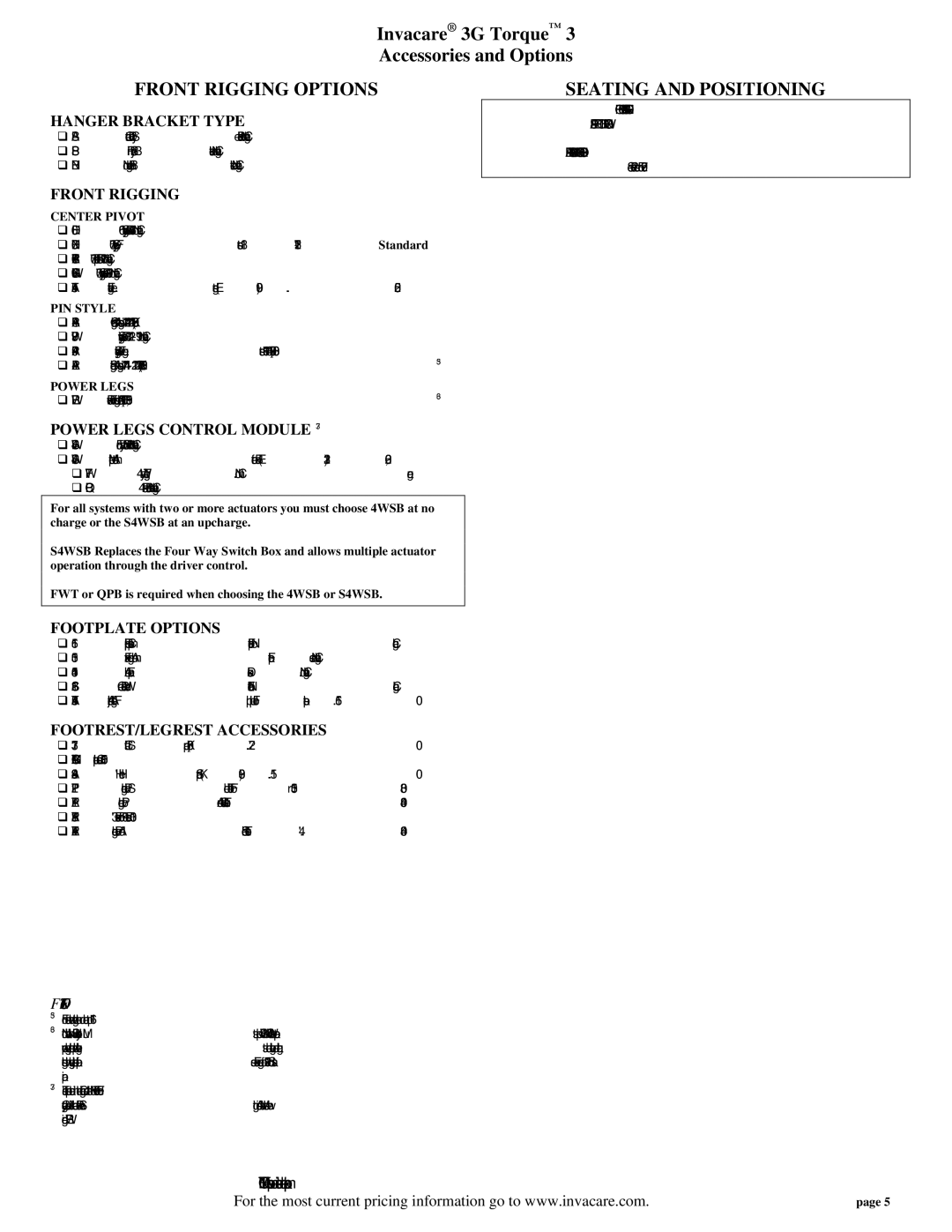 Invacare 3G Torque specifications Front Rigging Options, Seating and Positioning 